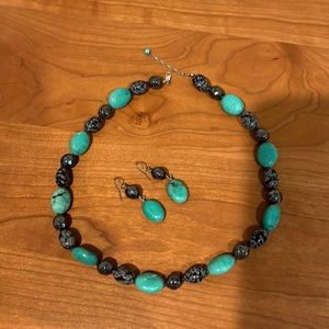 Necklace and earring set grey and turquoise beads